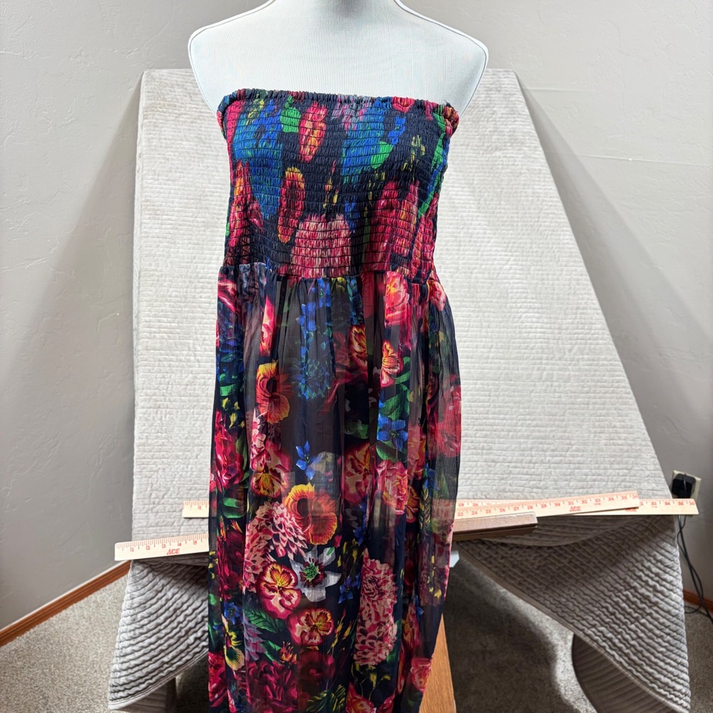 Pia Rossini Resort Wear Floral Smocked Maxi Skirt Strapless Dress ML Multi-Color